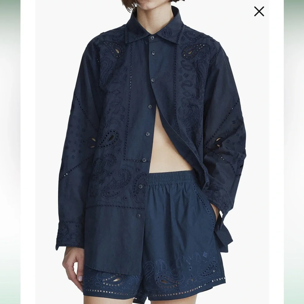 Rag & Bone Vivian Navy Paisley Embroidered Eyelet Button Down Shirt L - Picture 2 of 10